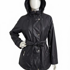 ✨ Vince Camuto Black Belted Rain Jacket - Chic Orange Trim - Size PM